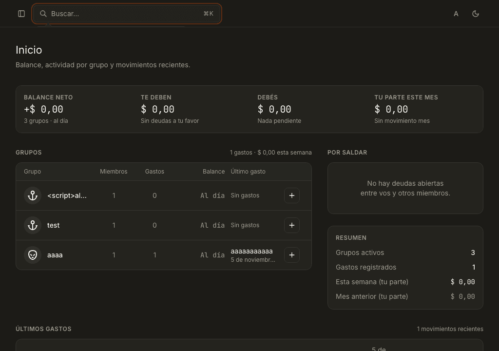 Dashboard de Split Group con balance neto, grupos y gastos recientes