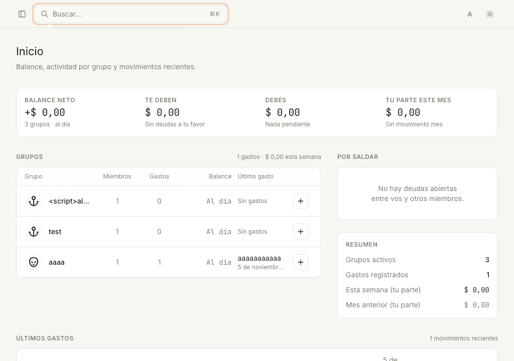 Dashboard de Split Group con balance neto, grupos y gastos recientes