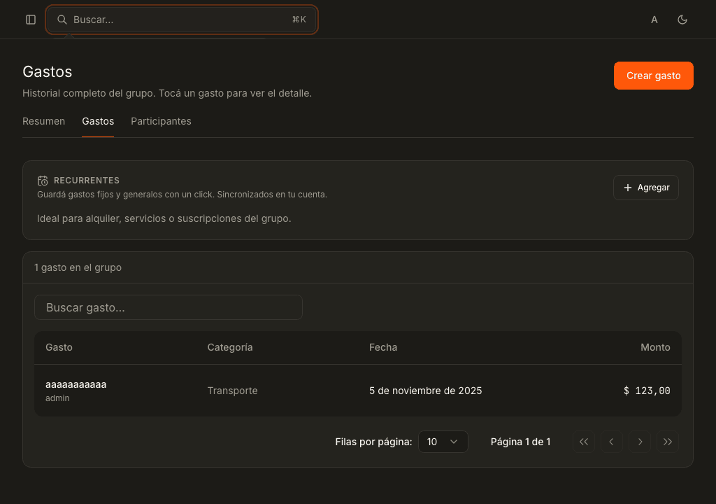 Lista de gastos y recurrentes en Split Group