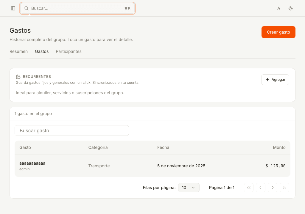 Lista de gastos y recurrentes en Split Group